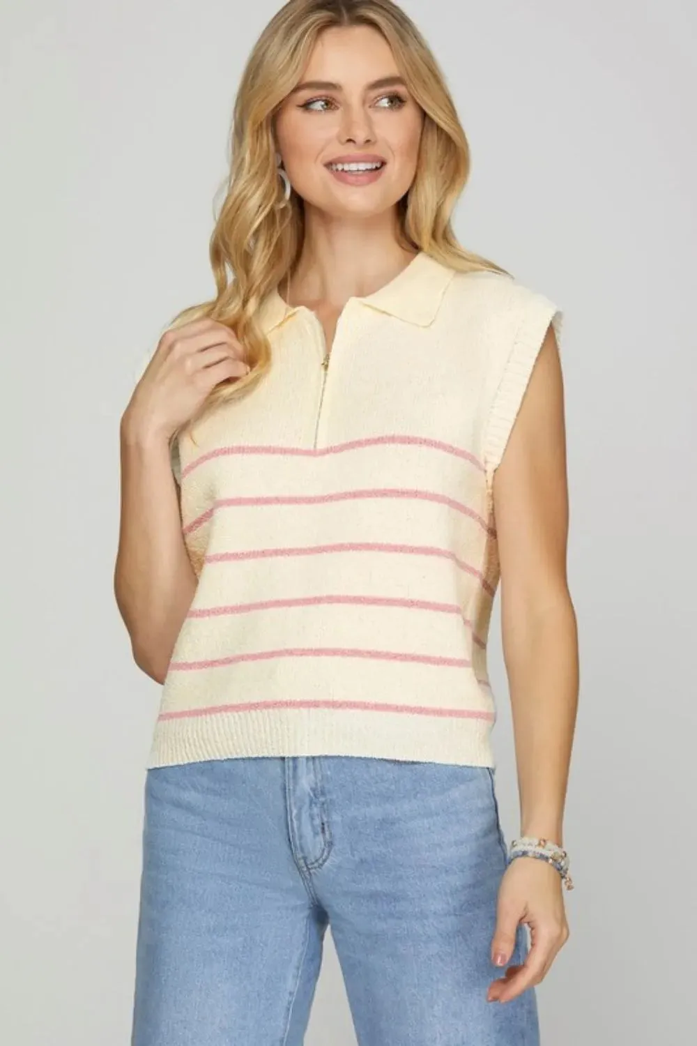 She + Sky Full Size Ribbed Hem Striped Half Zip Sweater Vest Plus Size sold by Gigi Laurent