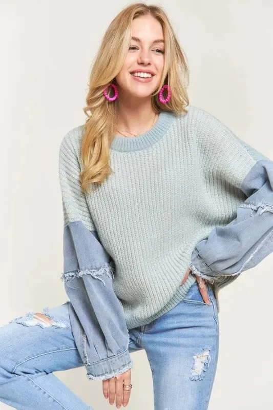 ADORA Plus Size Frayed Denim Sleeve Sweater Top sold by Gigi Laurent
