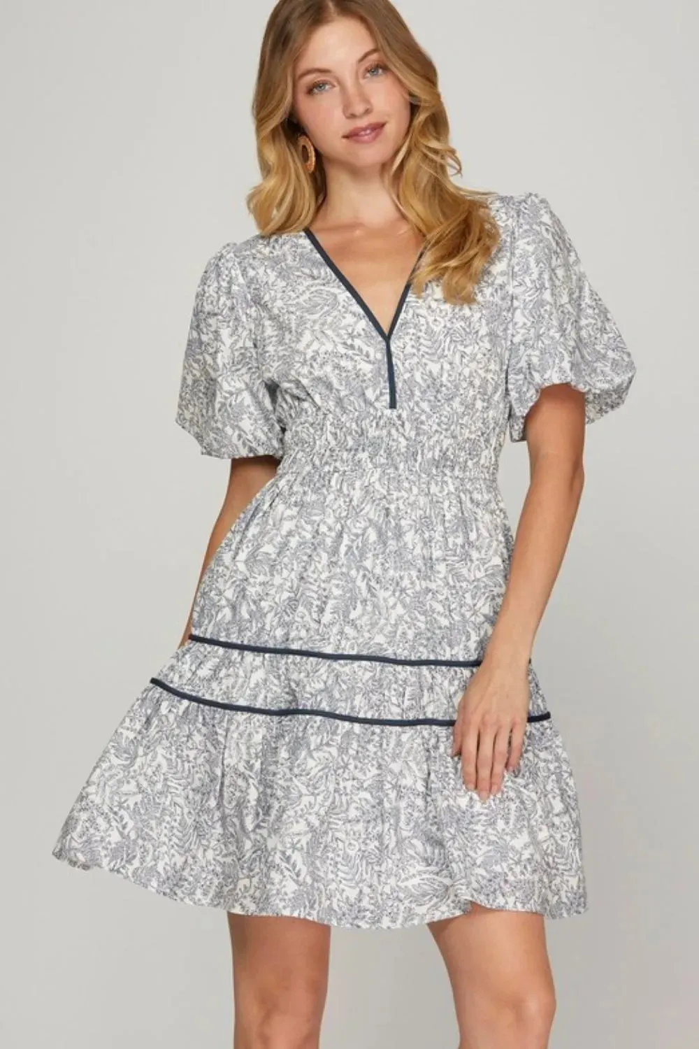 She + Sky Full Size Printed V-Neck Puff Sleeve Tiered Dress Plus Size sold by Gigi Laurent