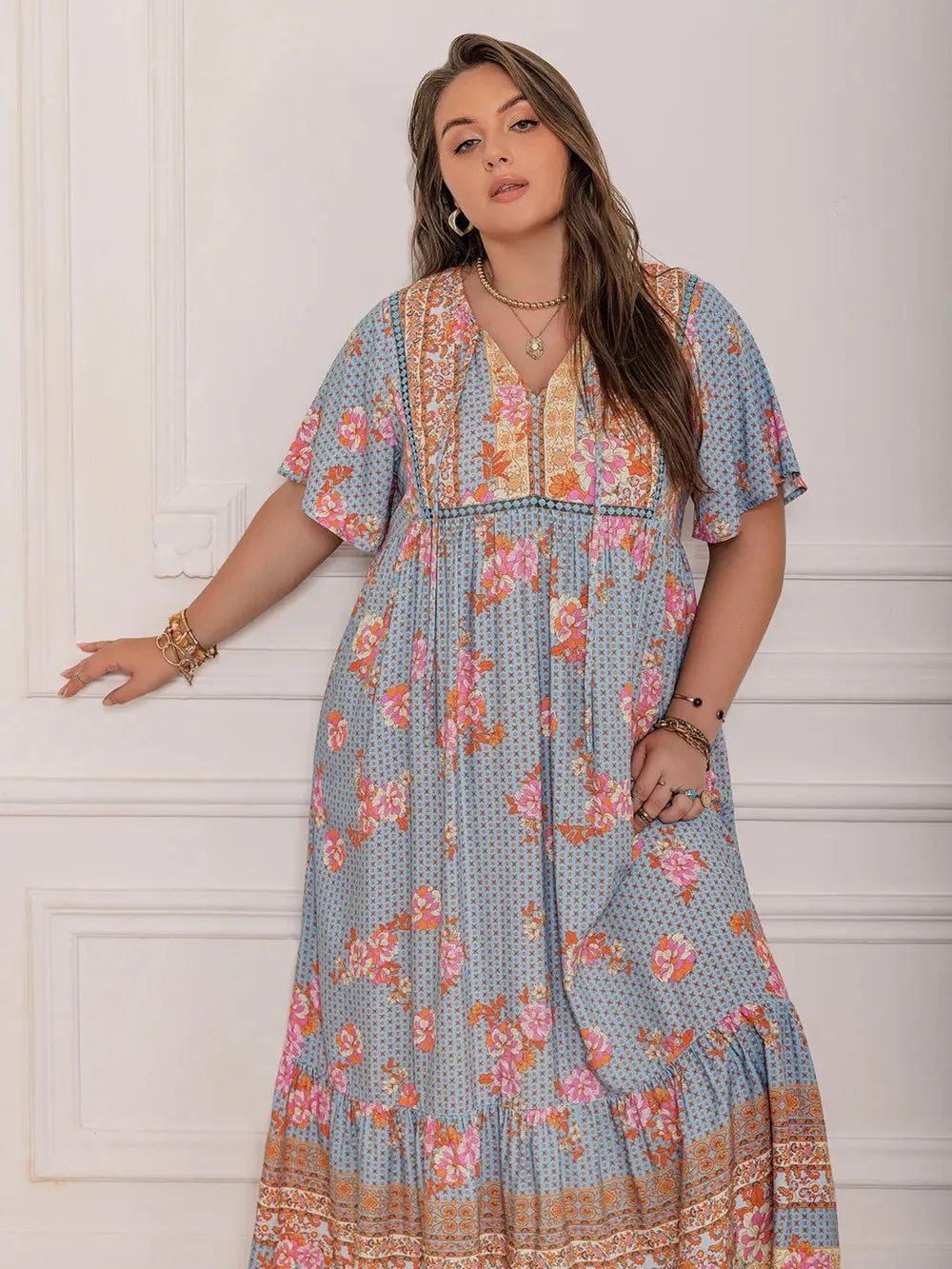 Plus Size Printed Tie Neck Flutter Sleeve Maxi Dress sold by Gigi Laurent product image thumbnail 4