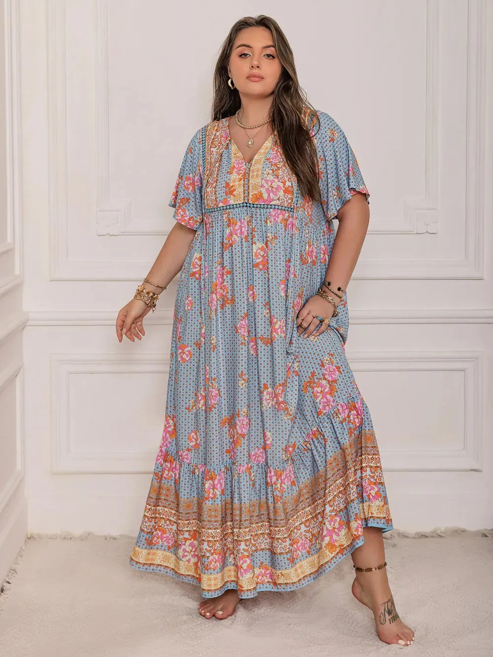 Plus Size Printed Tie Neck Flutter Sleeve Maxi Dress sold by Gigi Laurent product image thumbnail 3