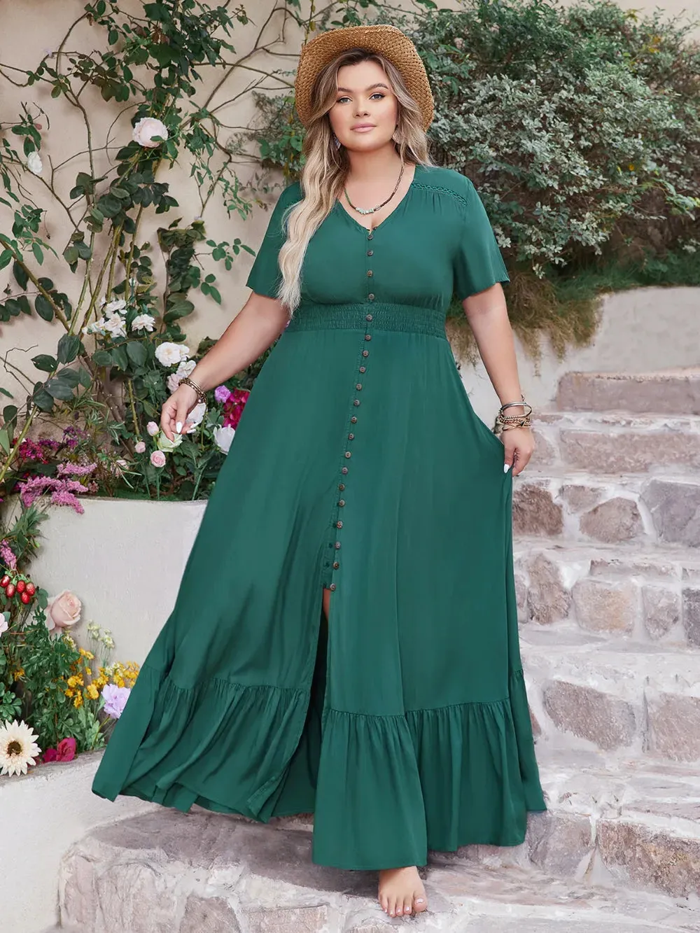 Plus Size Button Detail V-Neck Short Sleeve Maxi Dress sold by Gigi Laurent product image thumbnail 3