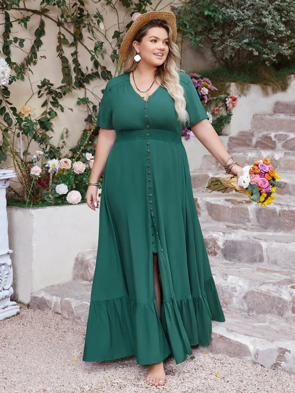 Plus Size Button Detail V-Neck Short Sleeve Maxi Dress sold by Gigi Laurent product image thumbnail 2