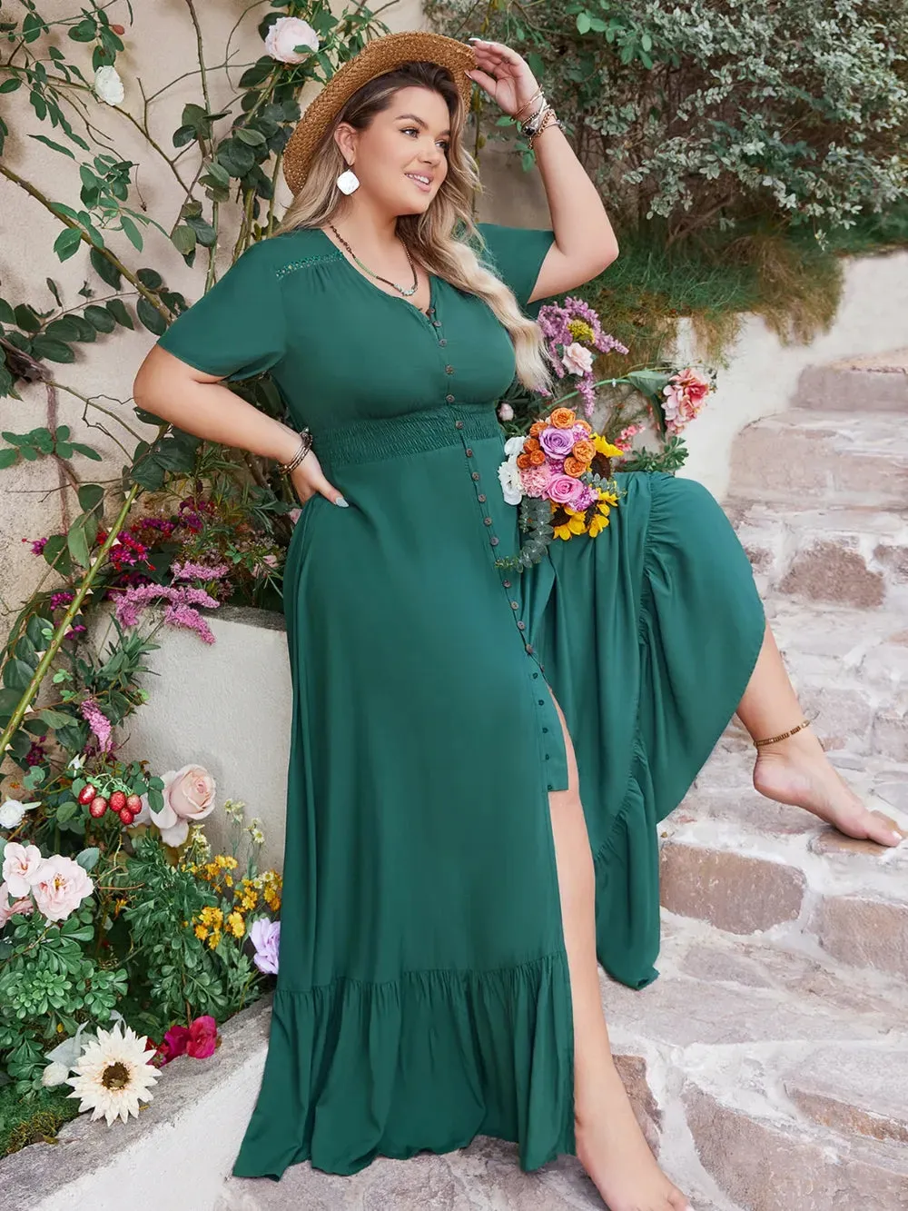Plus Size Button Detail V-Neck Short Sleeve Maxi Dress sold by Gigi Laurent product image thumbnail 4