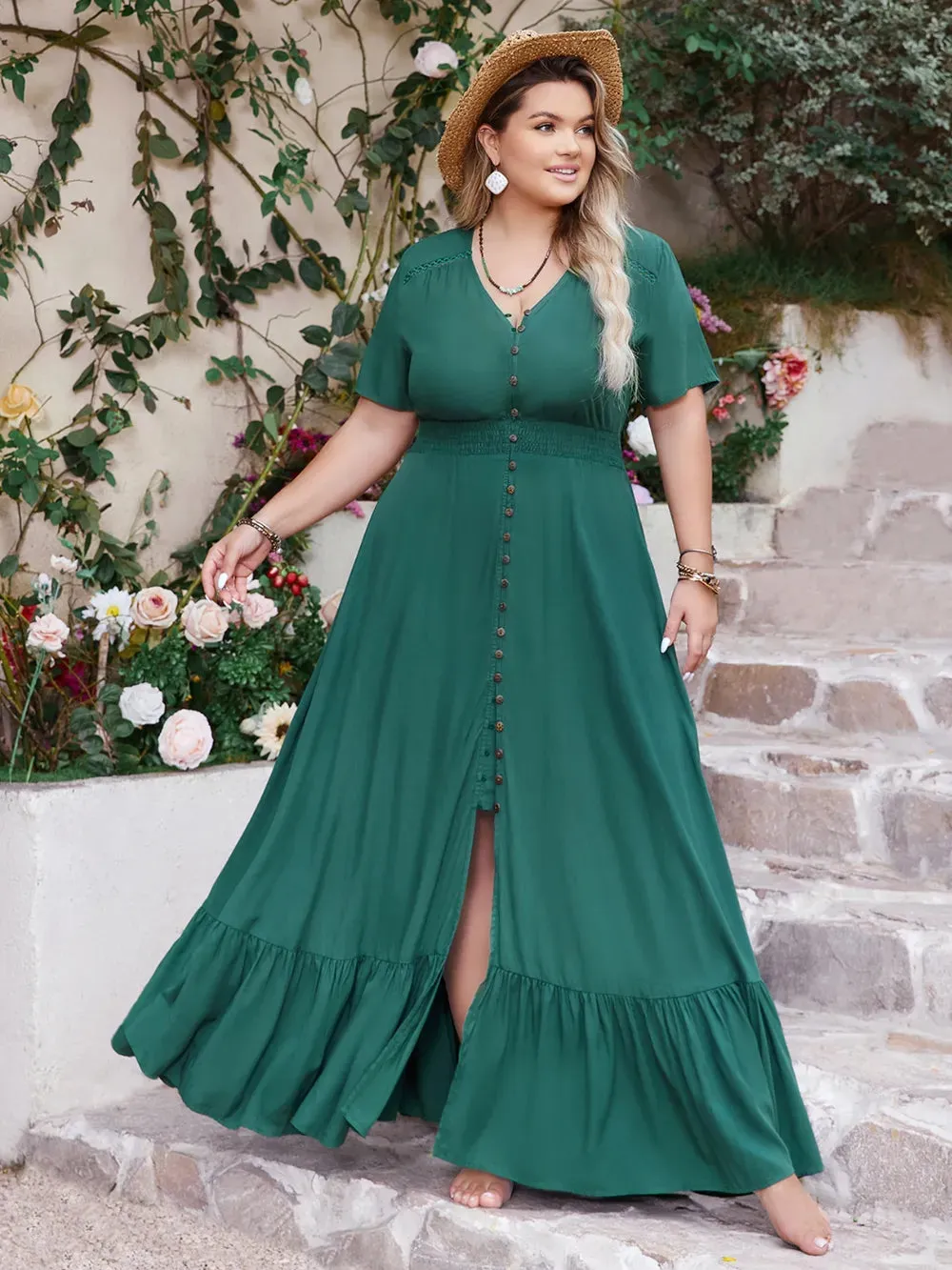 Plus Size Button Detail V-Neck Short Sleeve Maxi Dress sold by Gigi Laurent