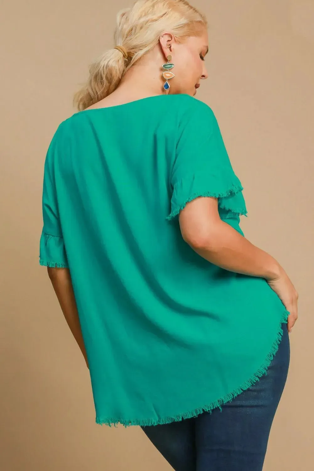Umgee Full Size Raw Hem Ruffle Short Sleeve Blouse Plus Size sold by Gigi Laurent product image thumbnail 5