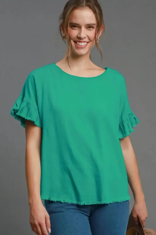 Umgee Full Size Raw Hem Ruffle Short Sleeve Blouse Plus Size sold by Gigi Laurent