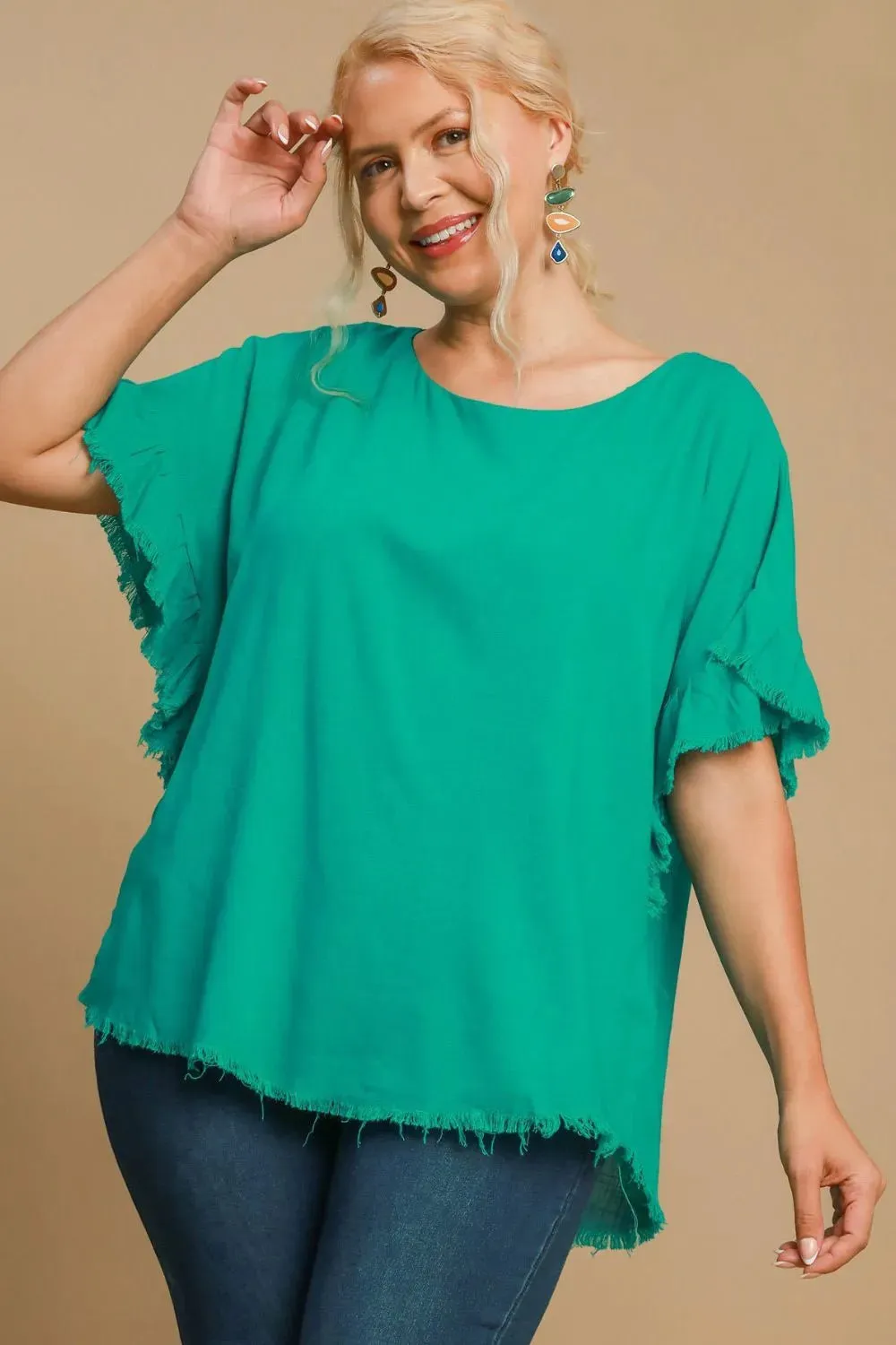 Umgee Full Size Raw Hem Ruffle Short Sleeve Blouse Plus Size sold by Gigi Laurent product image thumbnail 4
