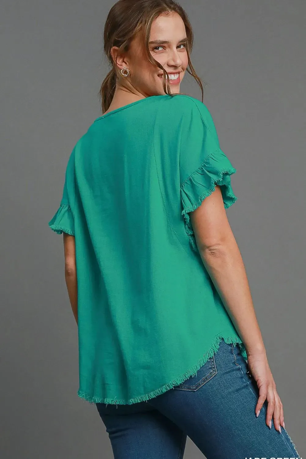 Umgee Full Size Raw Hem Ruffle Short Sleeve Blouse Plus Size sold by Gigi Laurent product image thumbnail 2