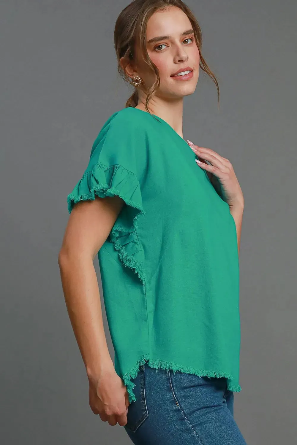 Umgee Full Size Raw Hem Ruffle Short Sleeve Blouse Plus Size sold by Gigi Laurent product image thumbnail 3