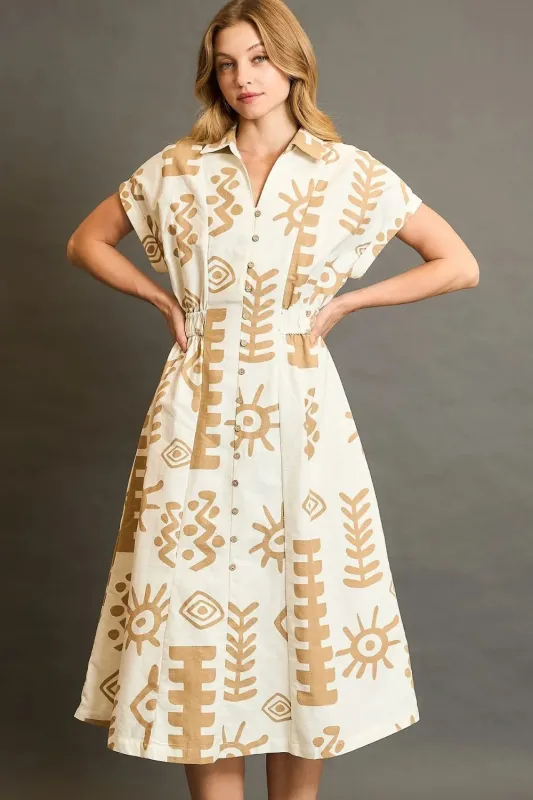 Umgee Full Size Abstract Print Elastic Waist Midi Dress Plus Size made by Trendsi