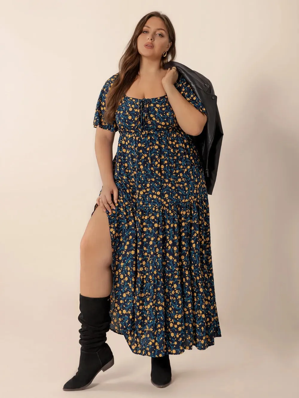 Plus Size Printed Short Sleeve Slit Tiered Maxi Dress sold by Gigi Laurent product image thumbnail 3