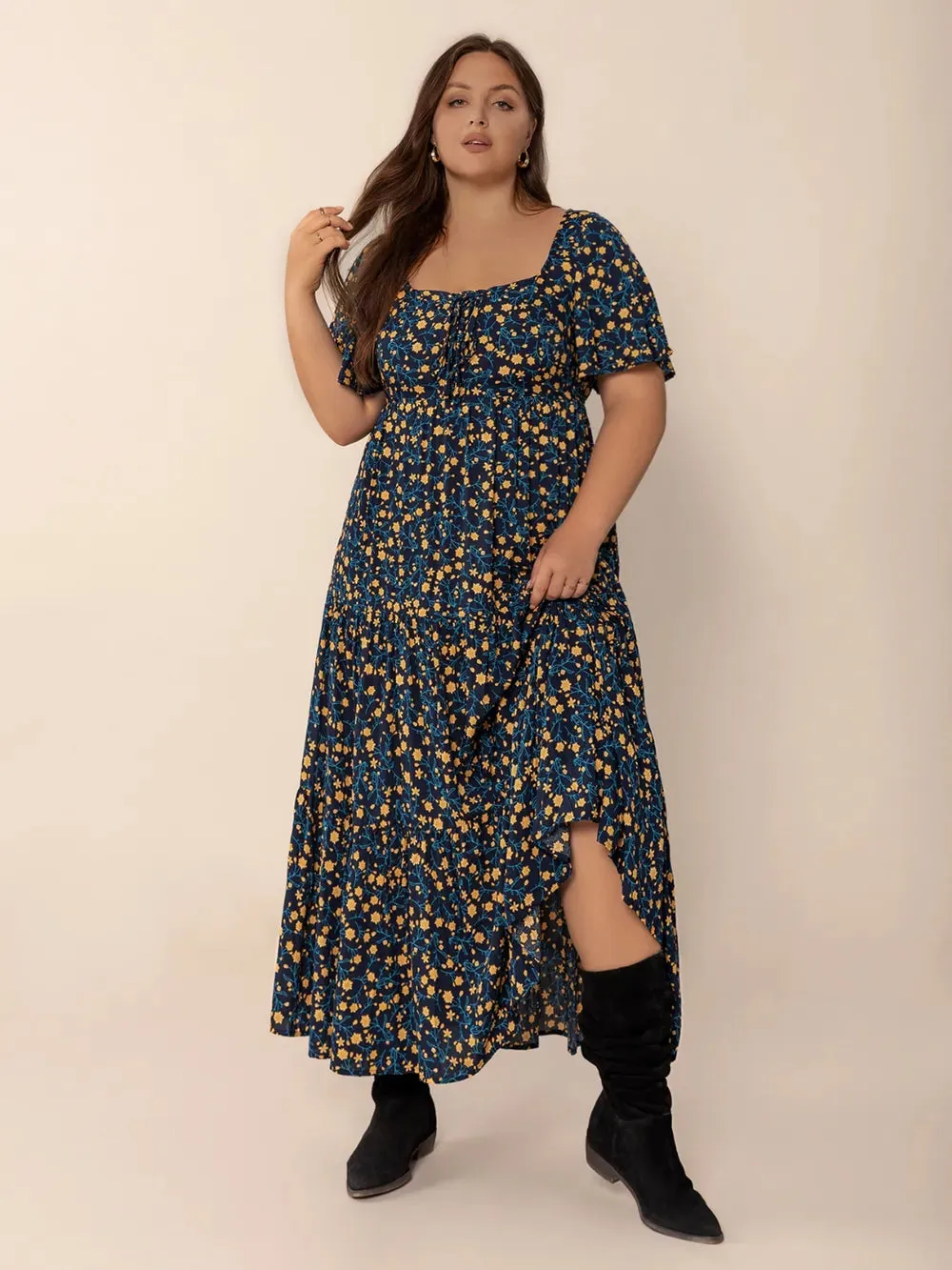 Plus Size Printed Short Sleeve Slit Tiered Maxi Dress sold by Gigi Laurent