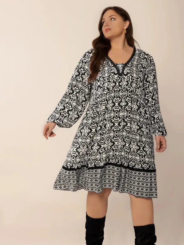 Plus Size Lace Detail Printed Balloon Sleeve Dress sold by Gigi Laurent