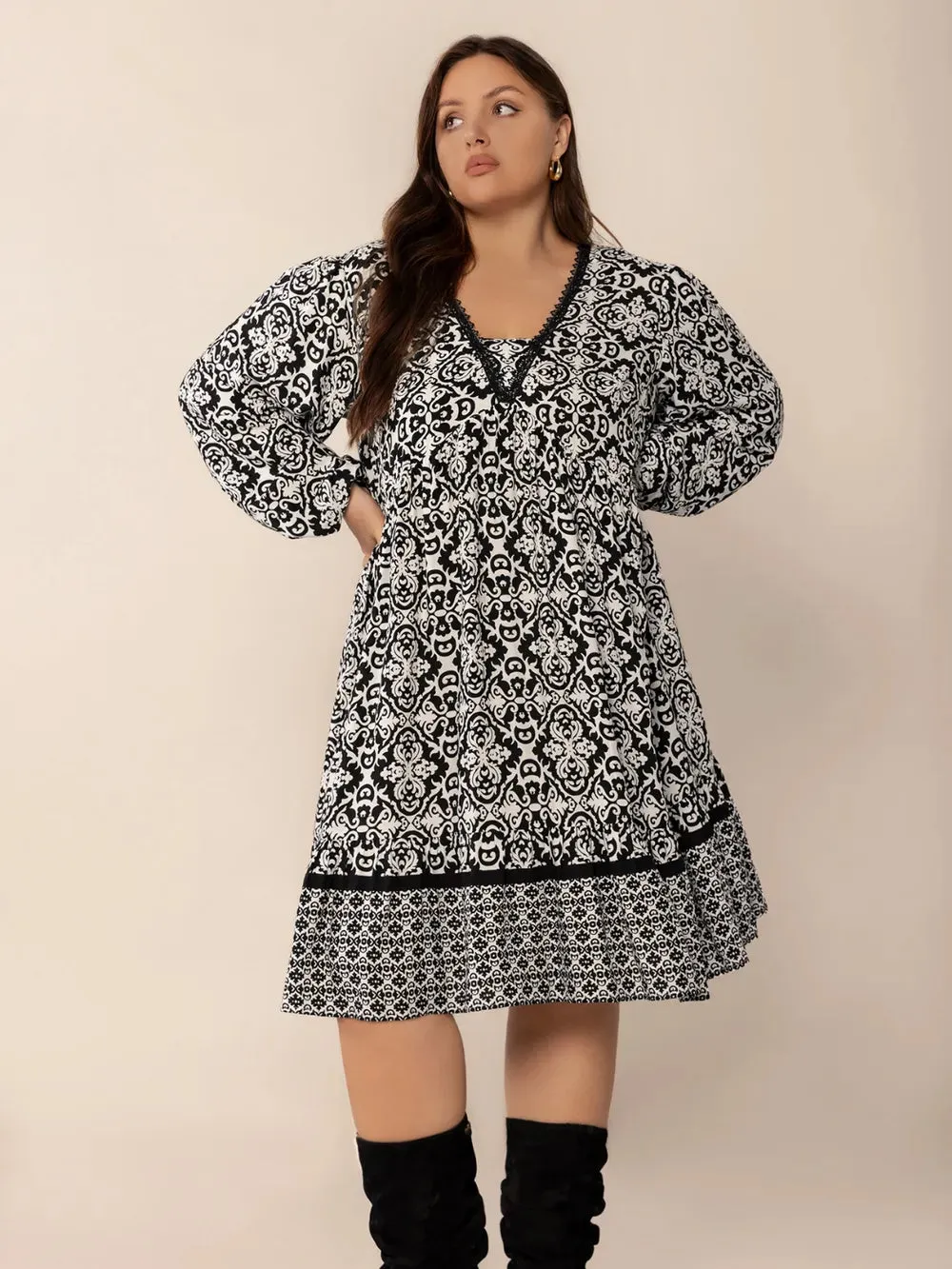 Plus Size Lace Detail Printed Balloon Sleeve Dress sold by Gigi Laurent product image thumbnail 3