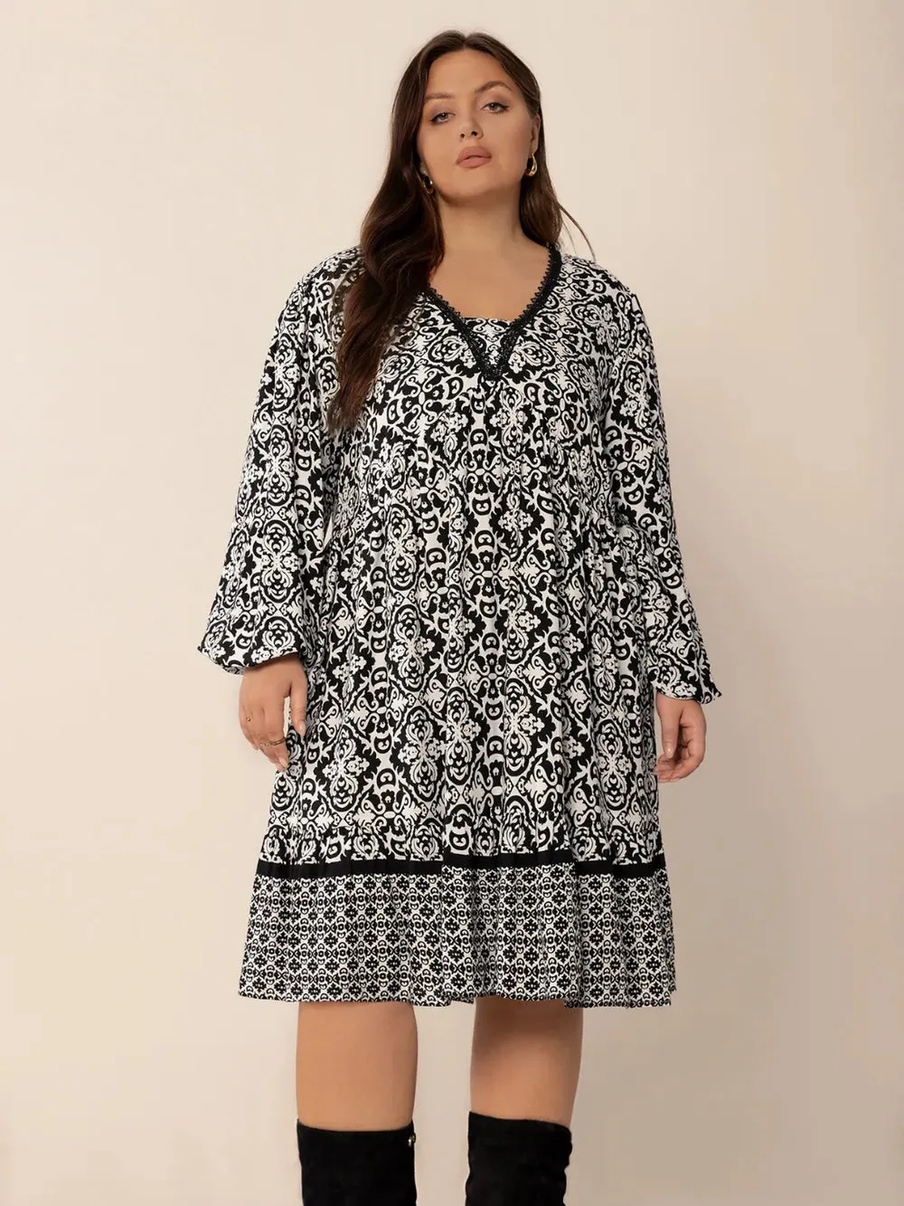 Plus Size Lace Detail Printed Balloon Sleeve Dress sold by Gigi Laurent product image thumbnail 5