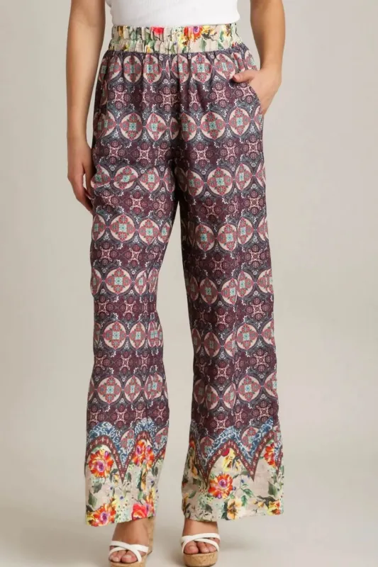 Umgee Full Size Mixed Print Elastic Waistband Pants Plus Size sold by Gigi Laurent