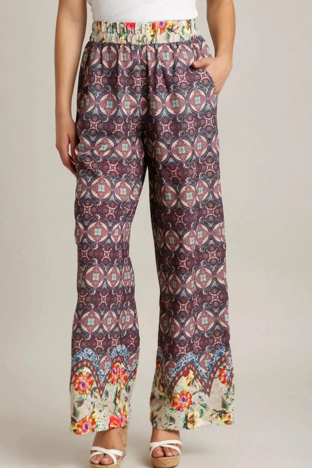 Umgee Full Size Mixed Print Elastic Waistband Pants Plus Size sold by Gigi Laurent