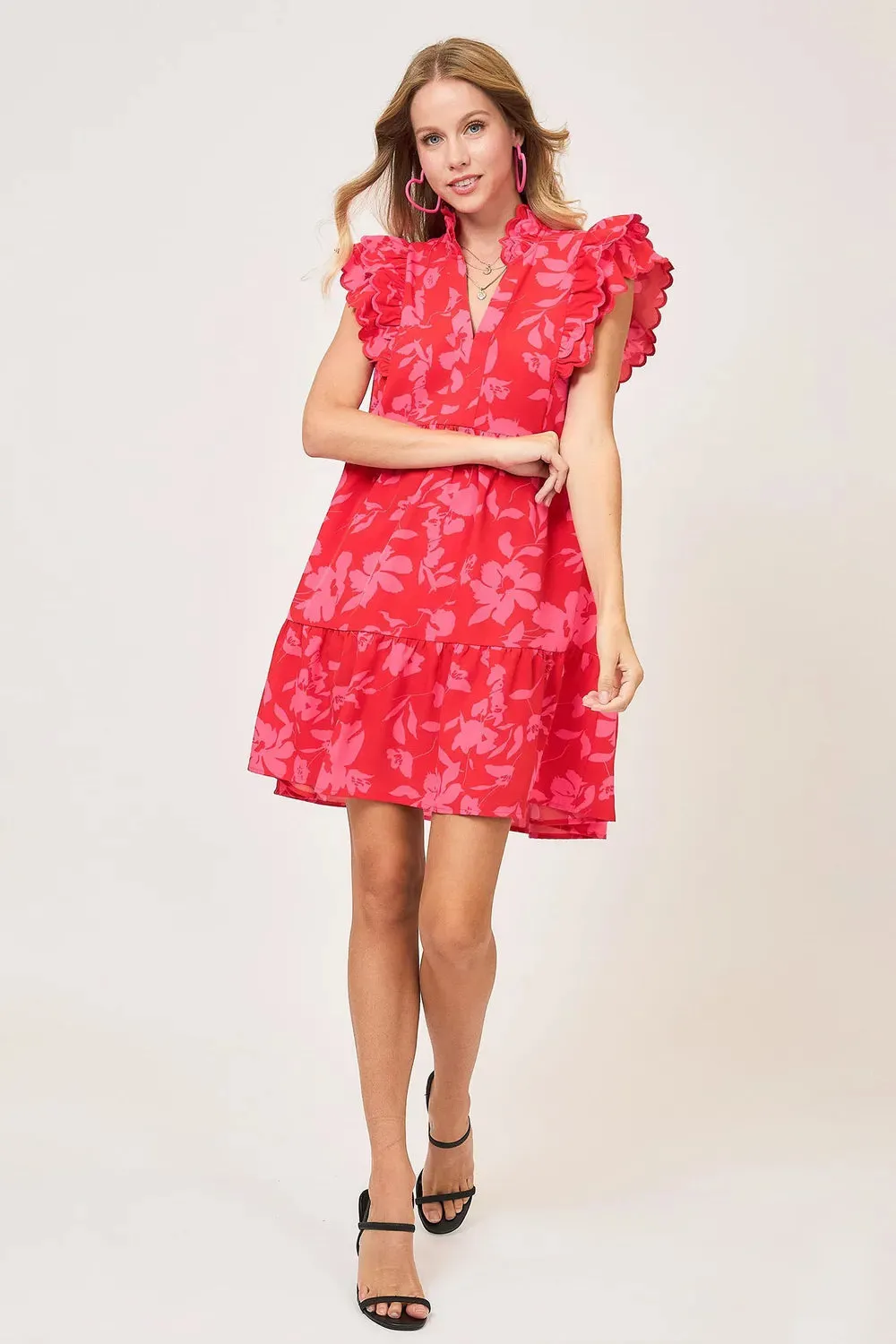 Umgee Full Size Two Tone Floral Print Ruffle Cap Sleeve Mini Dress Plus Size sold by Gigi Laurent product image thumbnail 3