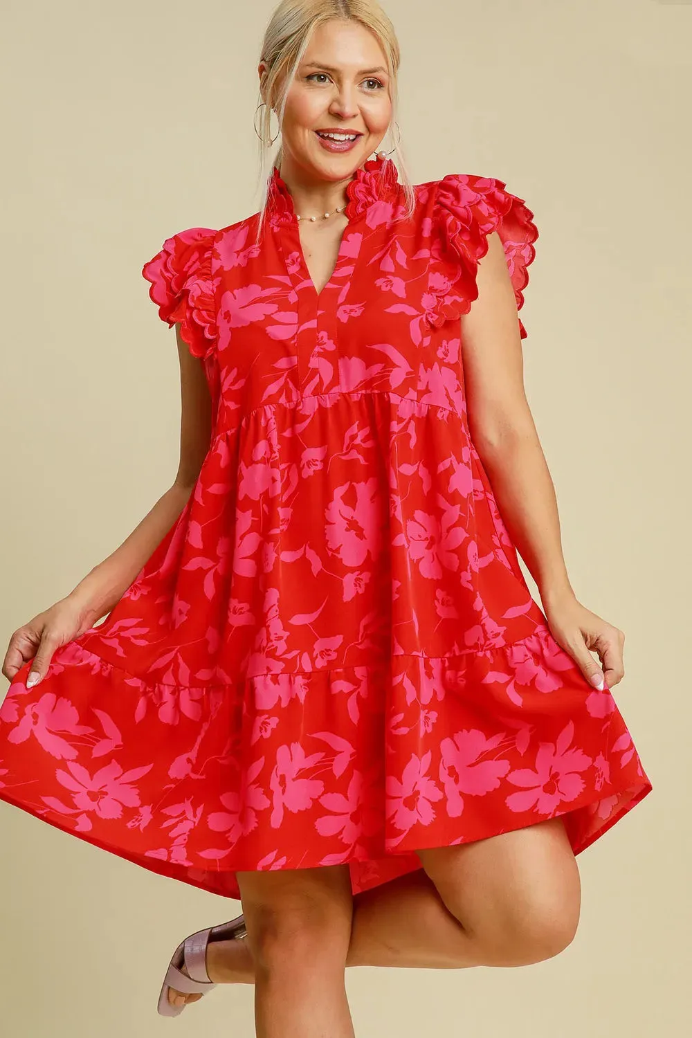 Umgee Full Size Two Tone Floral Print Ruffle Cap Sleeve Mini Dress Plus Size sold by Gigi Laurent product image thumbnail 5