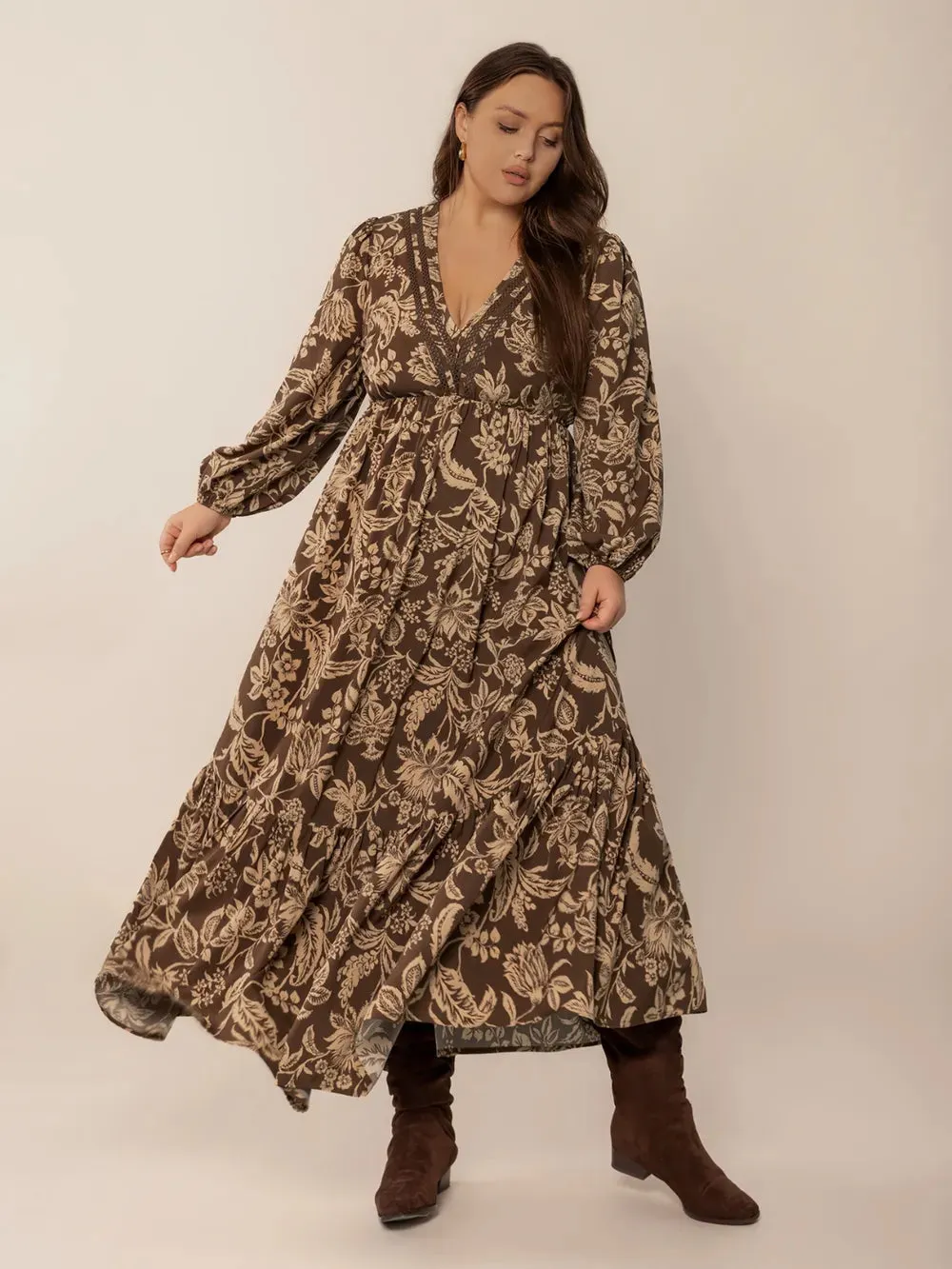 Plus Size Printed V-Neck Balloon Sleeve Maxi Dress sold by Gigi Laurent