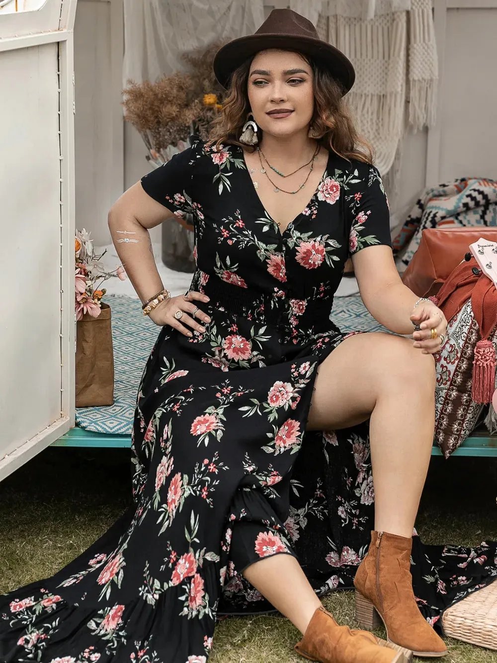 Plus Size Button Detail Printed V-Neck Short Sleeve Maxi Dress sold by Gigi Laurent product image thumbnail 4