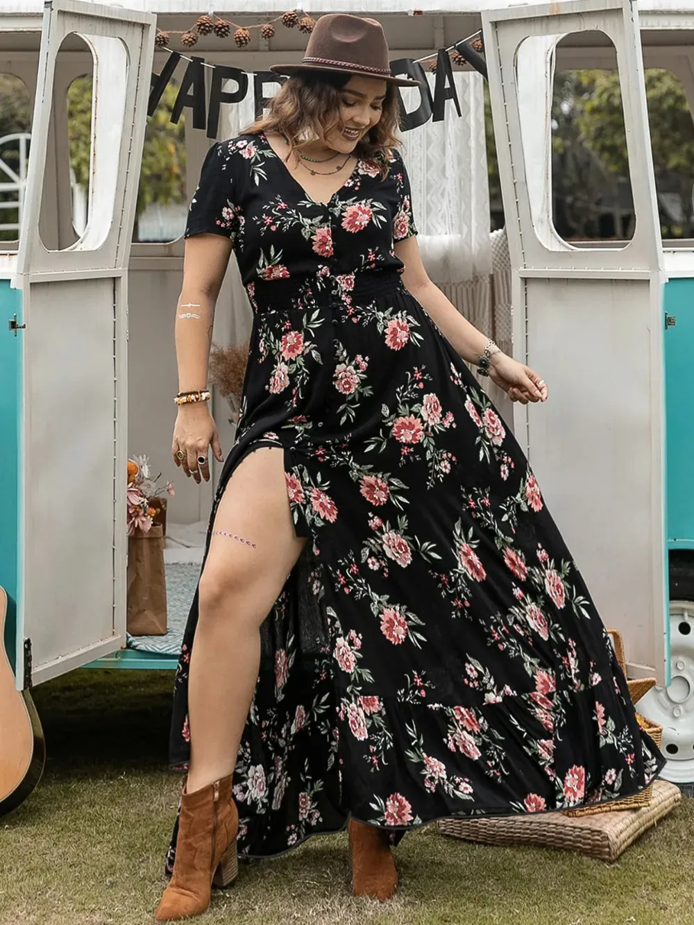 Plus Size Button Detail Printed V-Neck Short Sleeve Maxi Dress sold by Gigi Laurent product image thumbnail 5