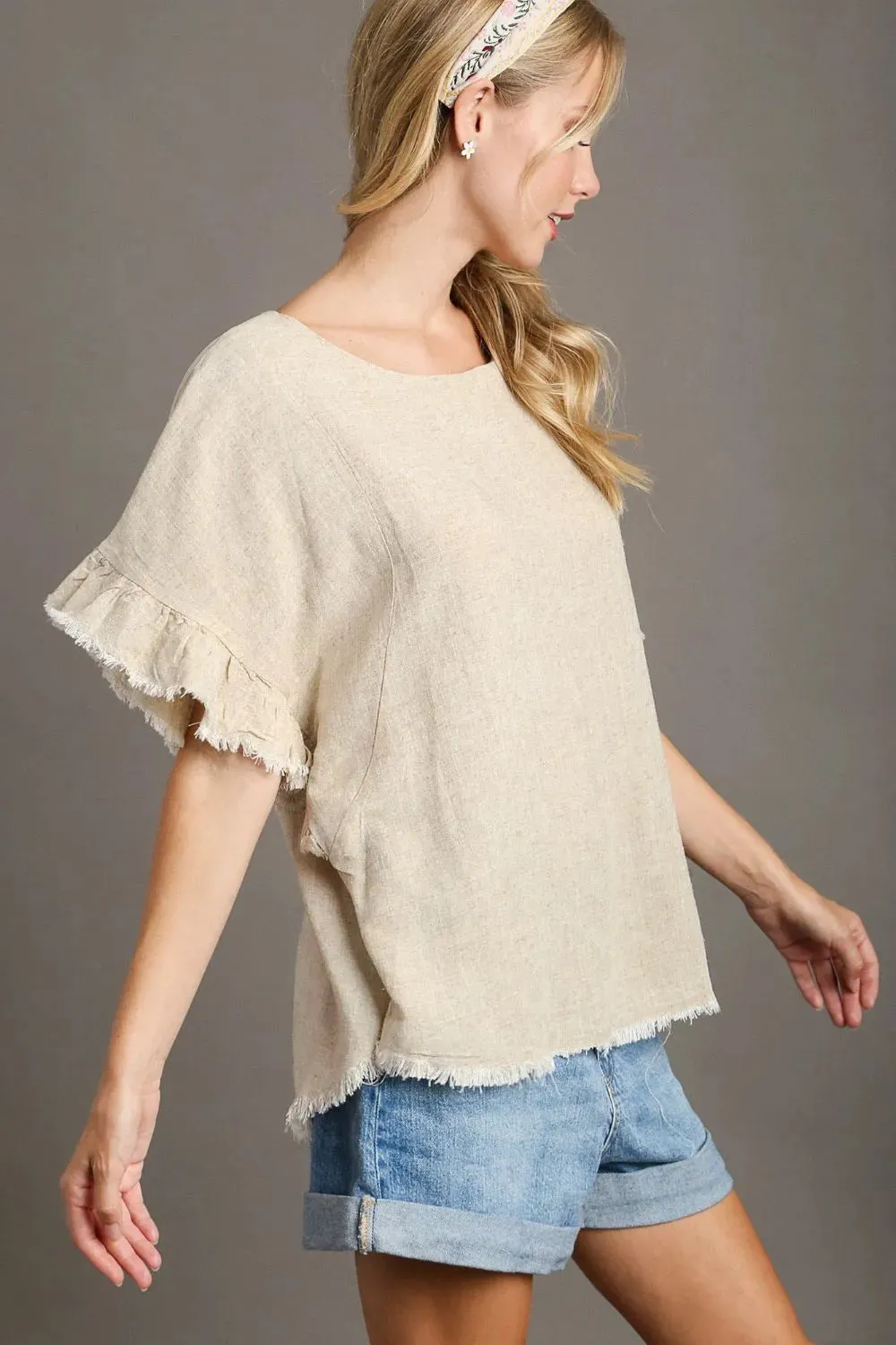 Umgee Full Size Raw Hem Ruffle Short Sleeve Blouse Plus Size sold by Gigi Laurent product image thumbnail 3