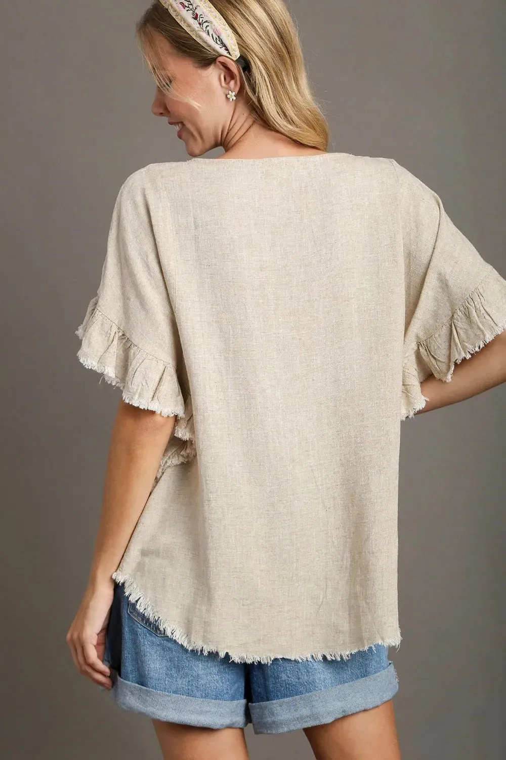 Umgee Full Size Raw Hem Ruffle Short Sleeve Blouse Plus Size sold by Gigi Laurent product image thumbnail 2