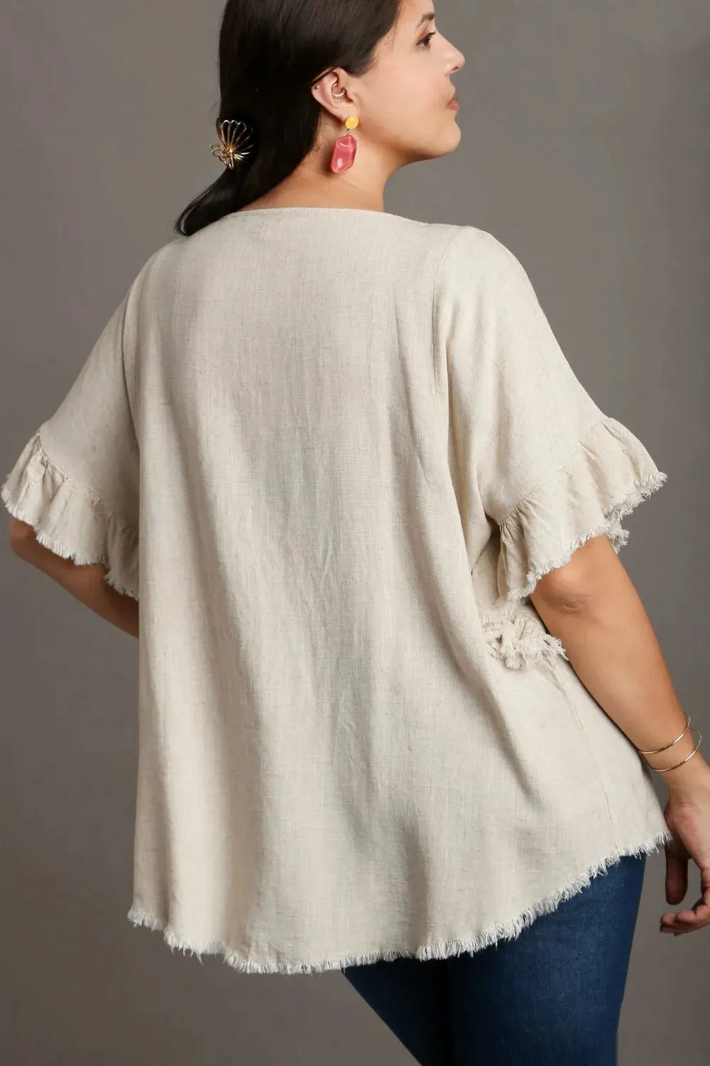 Umgee Full Size Raw Hem Ruffle Short Sleeve Blouse Plus Size sold by Gigi Laurent product image thumbnail 5