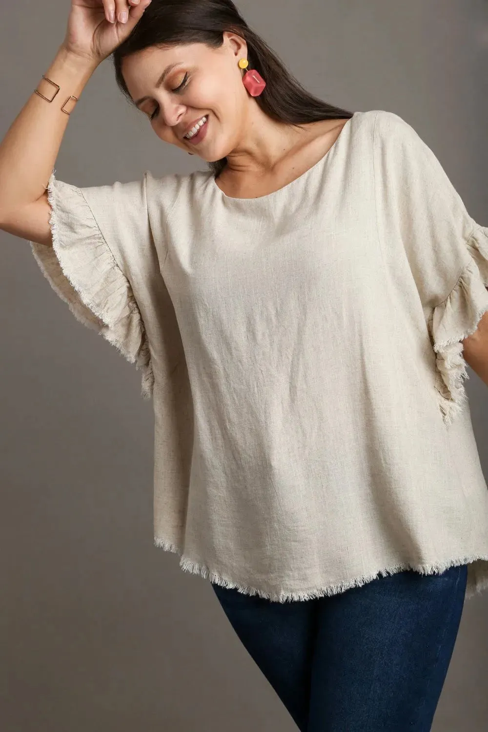 Umgee Full Size Raw Hem Ruffle Short Sleeve Blouse Plus Size sold by Gigi Laurent product image thumbnail 4