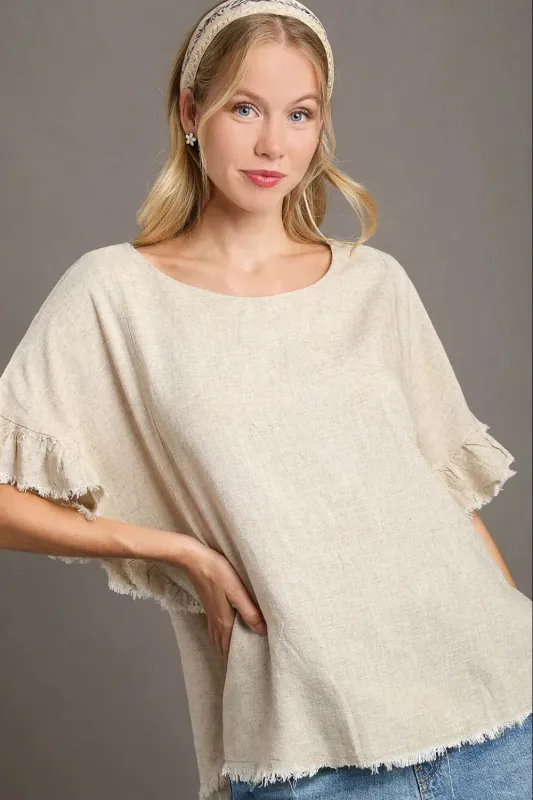 Umgee Full Size Raw Hem Ruffle Short Sleeve Blouse Plus Size sold by Gigi Laurent