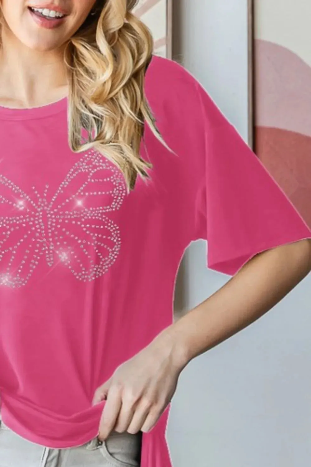 Heimish Full Size Rhinestone Butterfly Round Neck Short Sleeve T-Shirt Plus Size sold by Gigi Laurent product image thumbnail 3