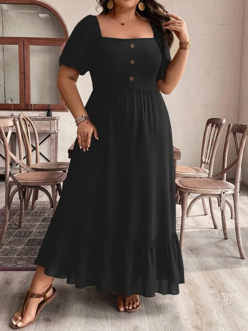 Plus Size Ruffled Hem Square Neck Short Sleeve Dress sold by Gigi Laurent product image thumbnail 5