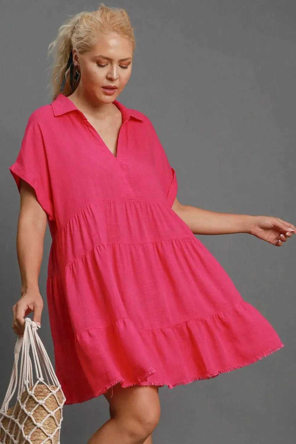 Umgee Full Size Raw Hem Folded Sleeve Tiered Dress Plus Size sold by Gigi Laurent product image thumbnail 2