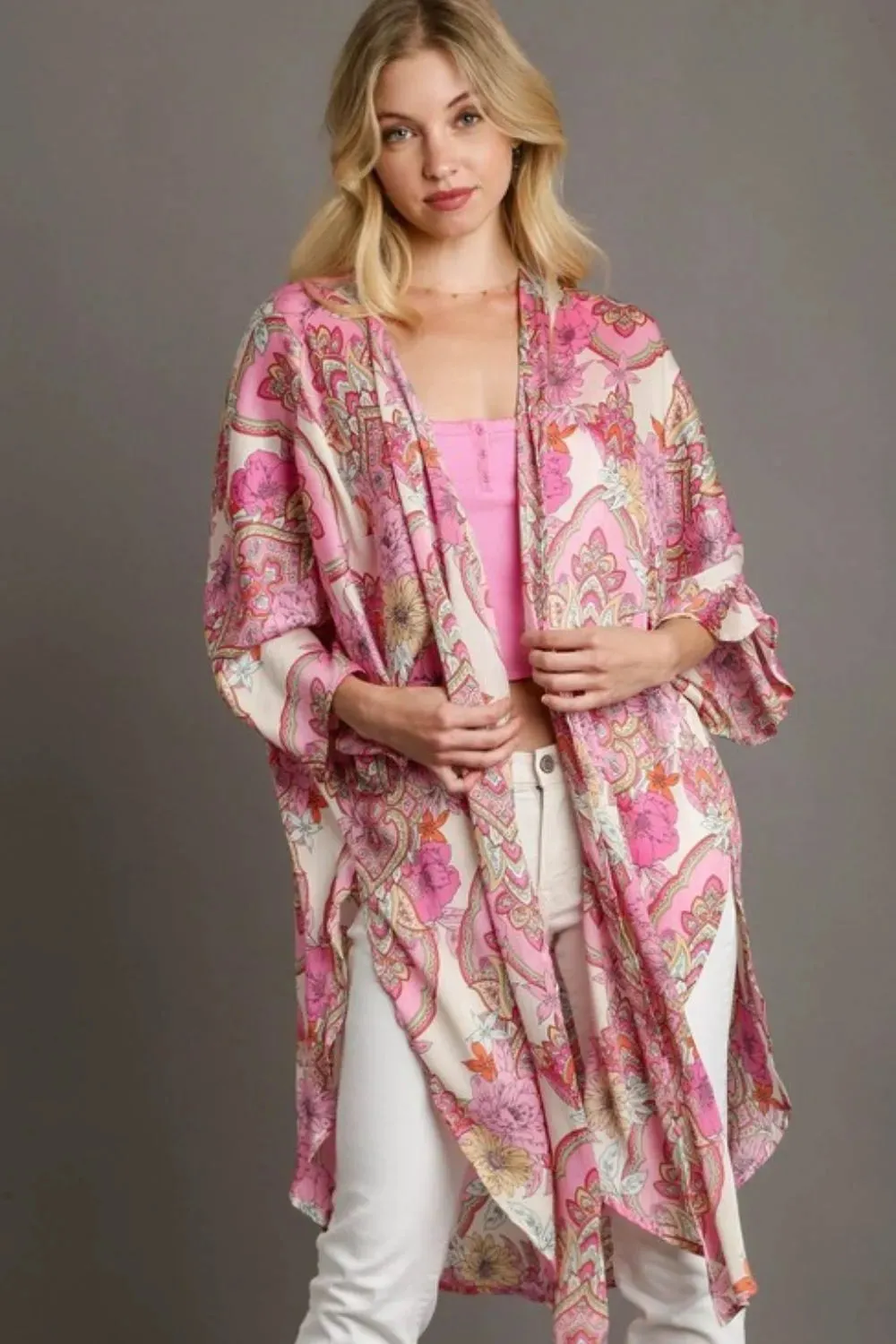 Umgee Full Size Mixed Print Open Front Kimono with Ruffle Sleeves Plus Size sold by Gigi Laurent product image thumbnail 2