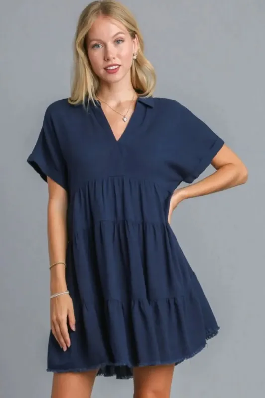 Umgee Full Size Raw Hem Folded Sleeve Tiered Dress Plus Size sold by Gigi Laurent