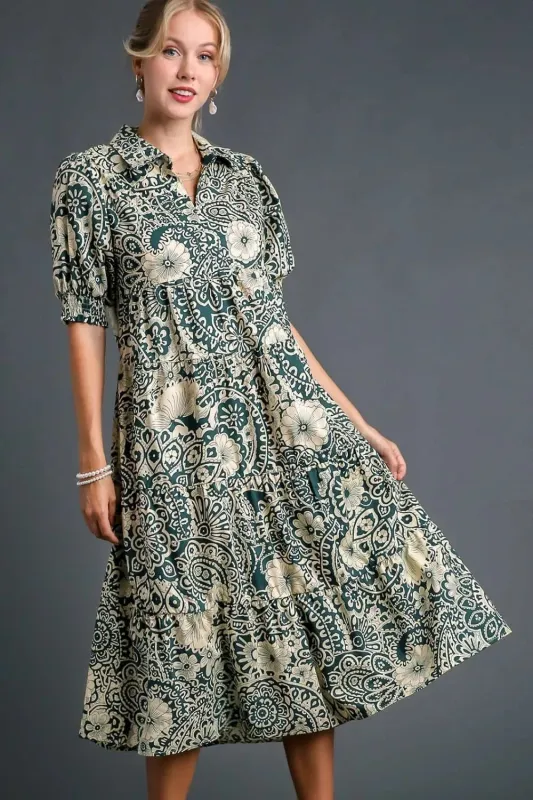 Umgee Full Size Printed Smocked Cuff Puff Sleeve Midi Dress Plus Size sold by Gigi Laurent