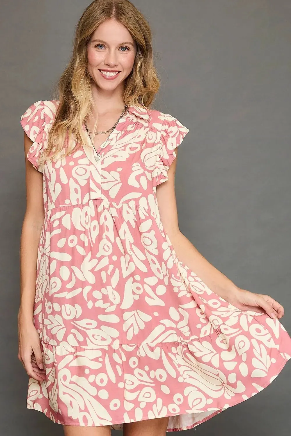 Umgee Full Size Two Tone Printed Ruffled Cap Sleeve Mini Dress Plus Size sold by Gigi Laurent
