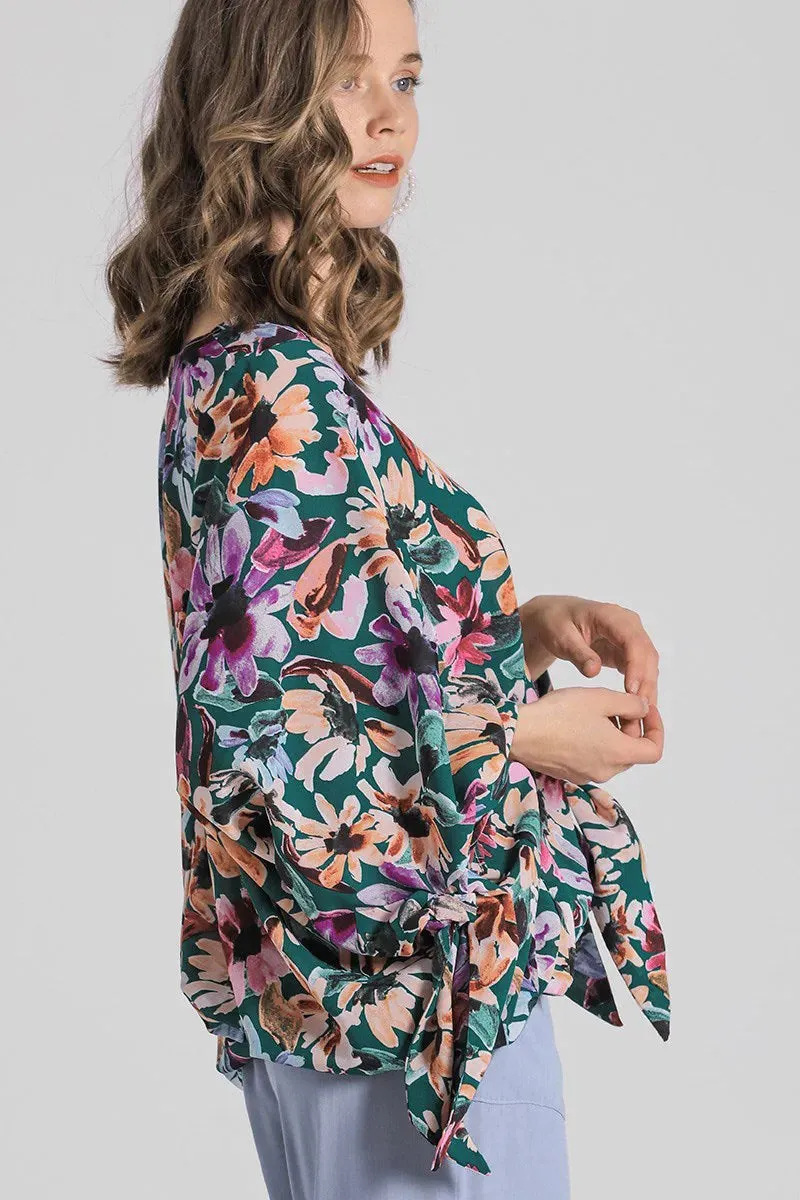 Umgee Full Size Floral V-Neck Tie Sleeve Blouse Plus Size sold by Gigi Laurent product image thumbnail 2