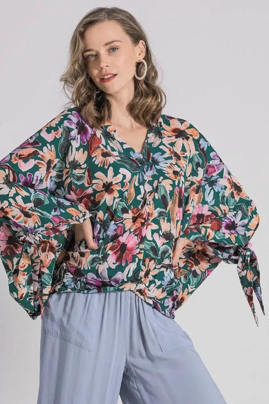 Umgee Full Size Floral V-Neck Tie Sleeve Blouse Plus Size sold by Gigi Laurent