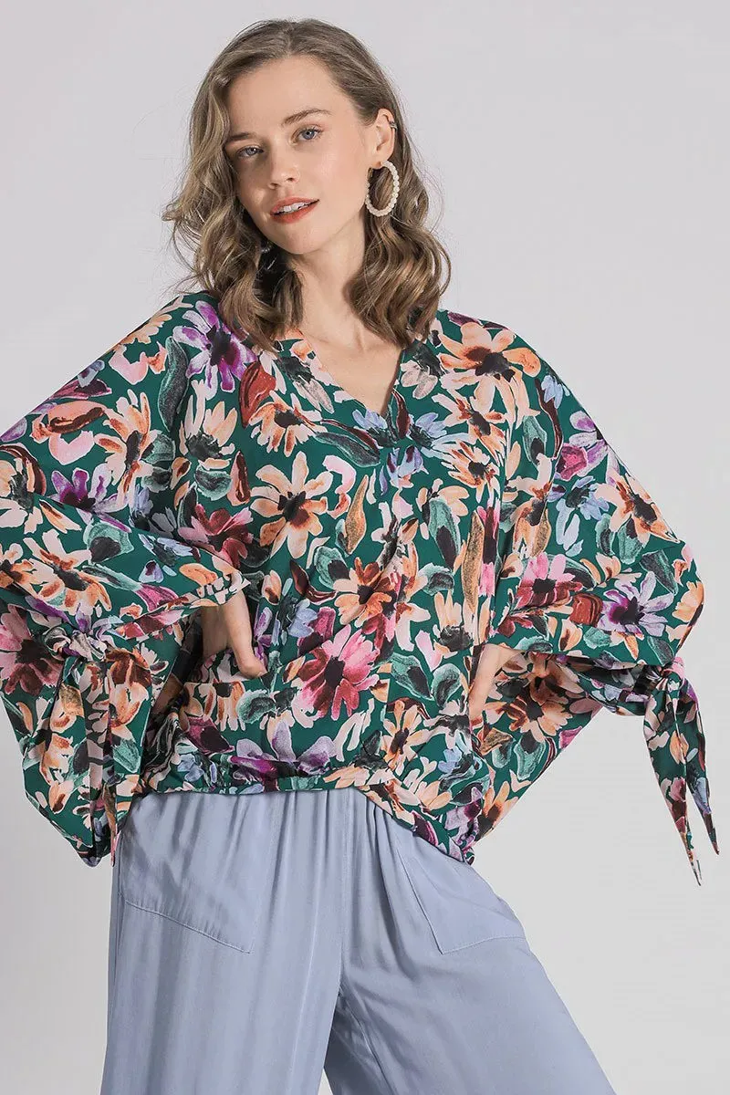 Umgee Full Size Floral V-Neck Tie Sleeve Blouse Plus Size sold by Gigi Laurent