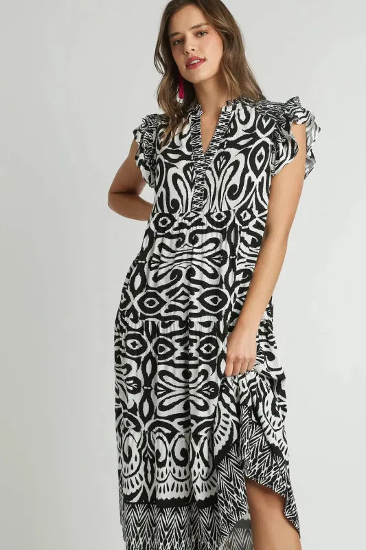 Umgee Full Size Two Tone Border Print Ruffle Cap Sleeve Midi Dress Plus Size made by Trendsi