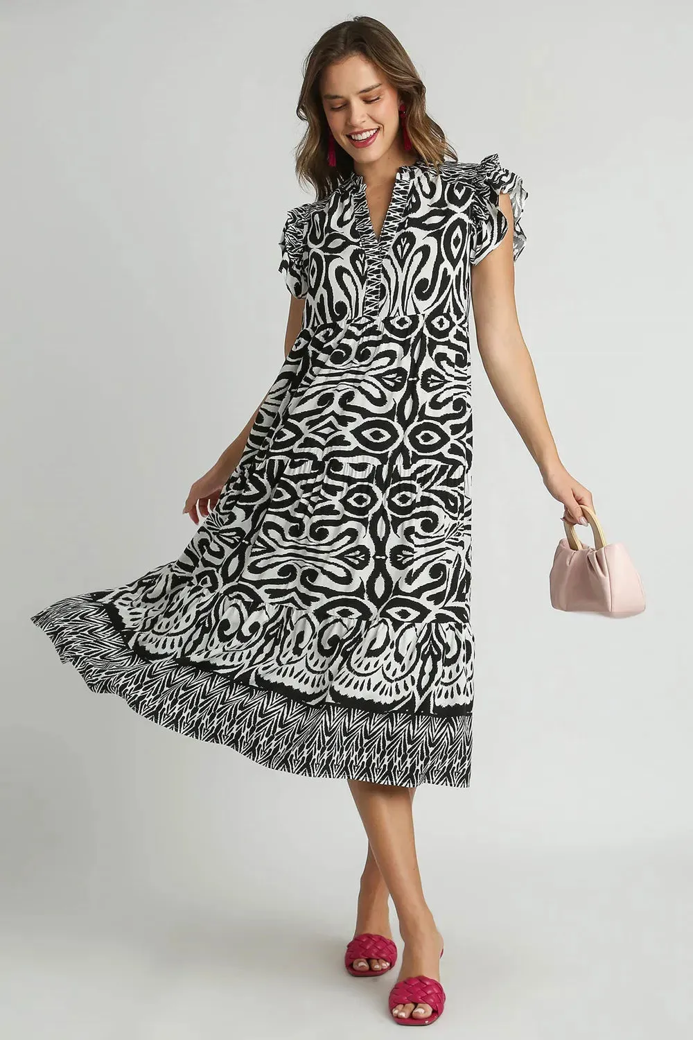 Umgee Full Size Two Tone Border Print Ruffle Cap Sleeve Midi Dress Plus Size sold by Gigi Laurent product image thumbnail 4