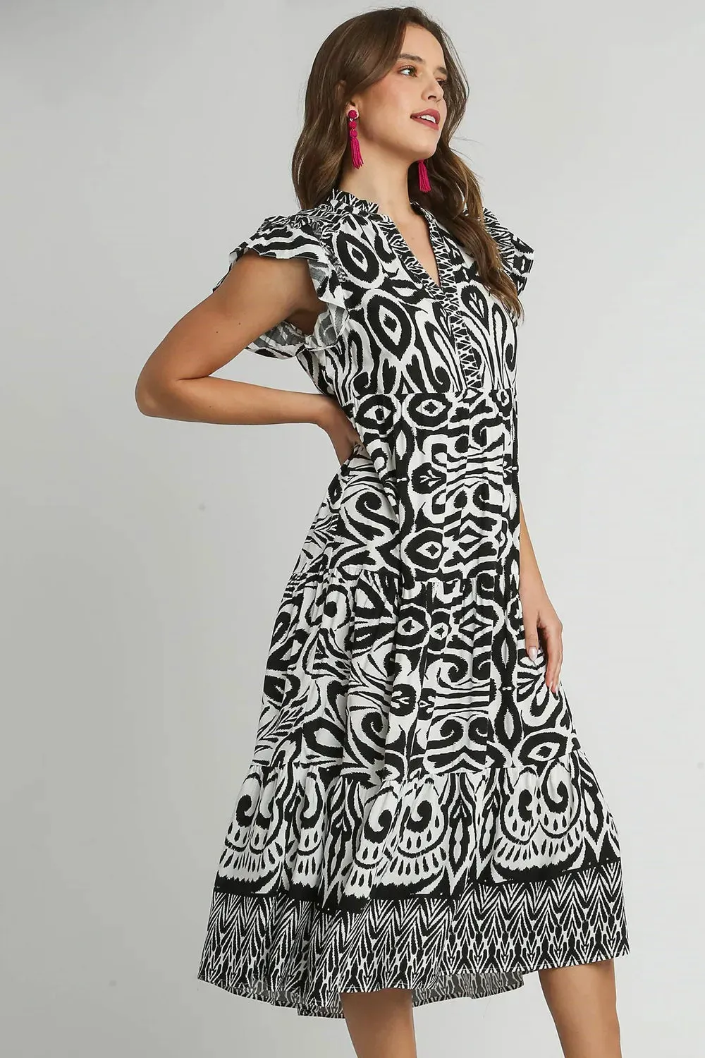 Umgee Full Size Two Tone Border Print Ruffle Cap Sleeve Midi Dress Plus Size sold by Gigi Laurent product image thumbnail 2