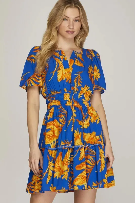 She + Sky Full Size Printed Notched Short Sleeve Frill Tiered Dress Plus Size sold by Gigi Laurent