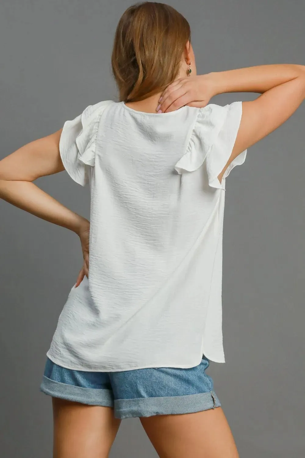 Umgee Full Size V-Neck Double Layered Ruffle Sleeve Blouse Plus Size sold by Gigi Laurent product image thumbnail 2