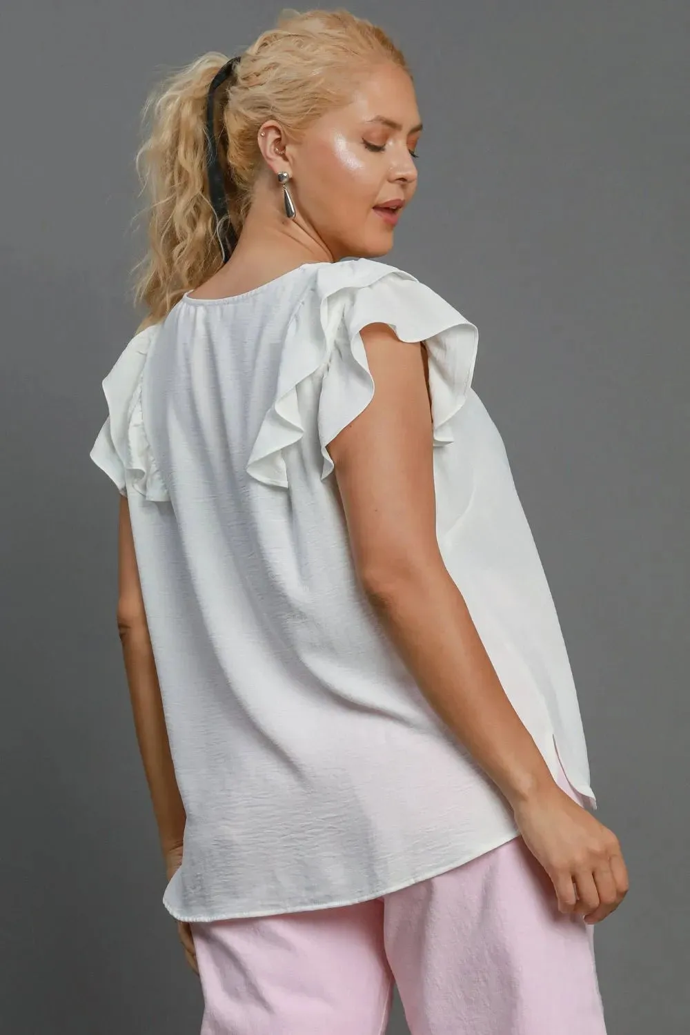 Umgee Full Size V-Neck Double Layered Ruffle Sleeve Blouse Plus Size sold by Gigi Laurent product image thumbnail 5