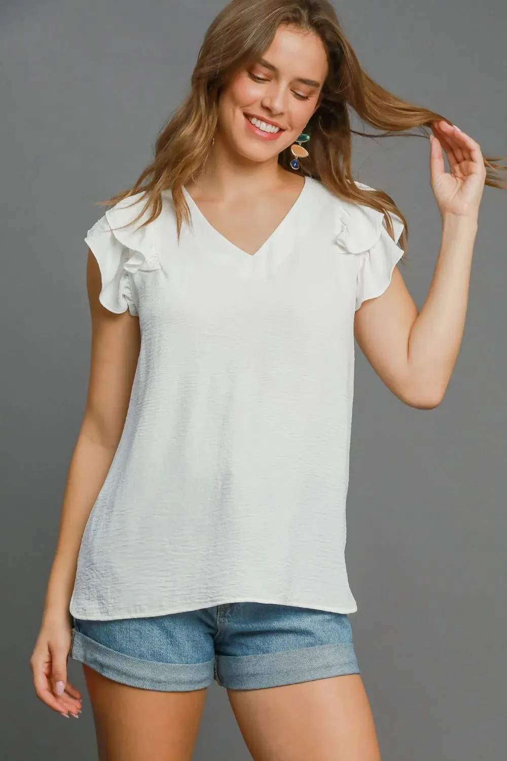 Umgee Full Size V-Neck Double Layered Ruffle Sleeve Blouse Plus Size sold by Gigi Laurent