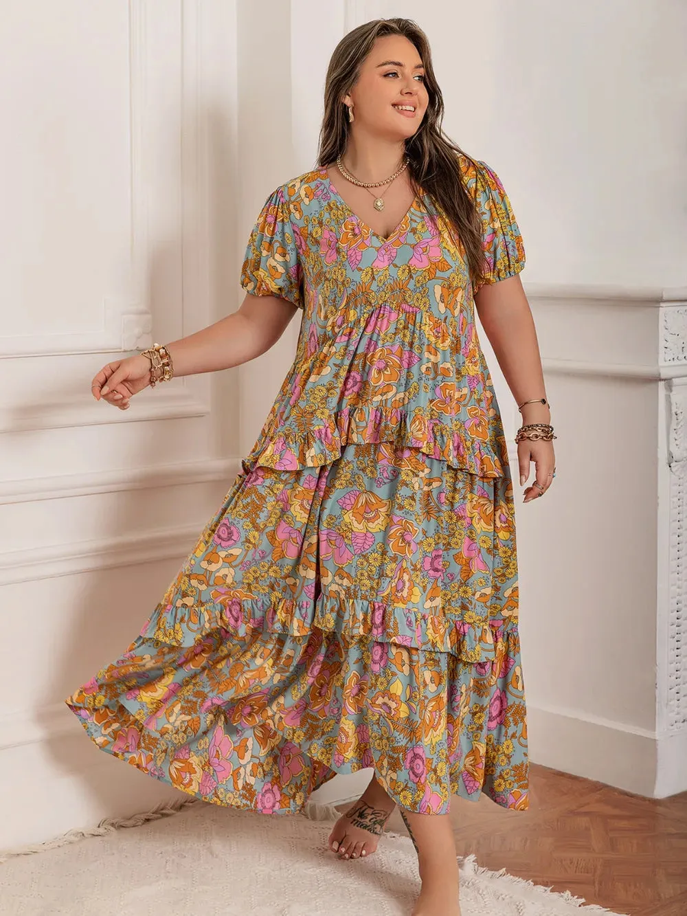 Plus Size Printed V-Neck Short Sleeve Maxi Dress sold by Gigi Laurent product image thumbnail 2
